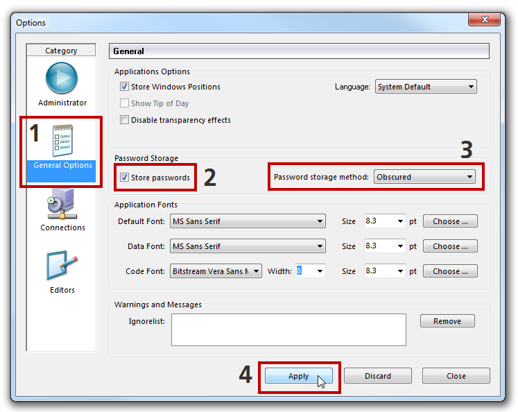 MySQL Administrator Options Window