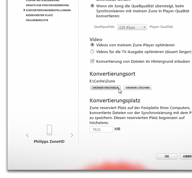 Zune Software Konvertierungseinstellungen