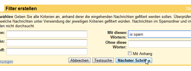 Google Mail Filter Einstellungen is:spam